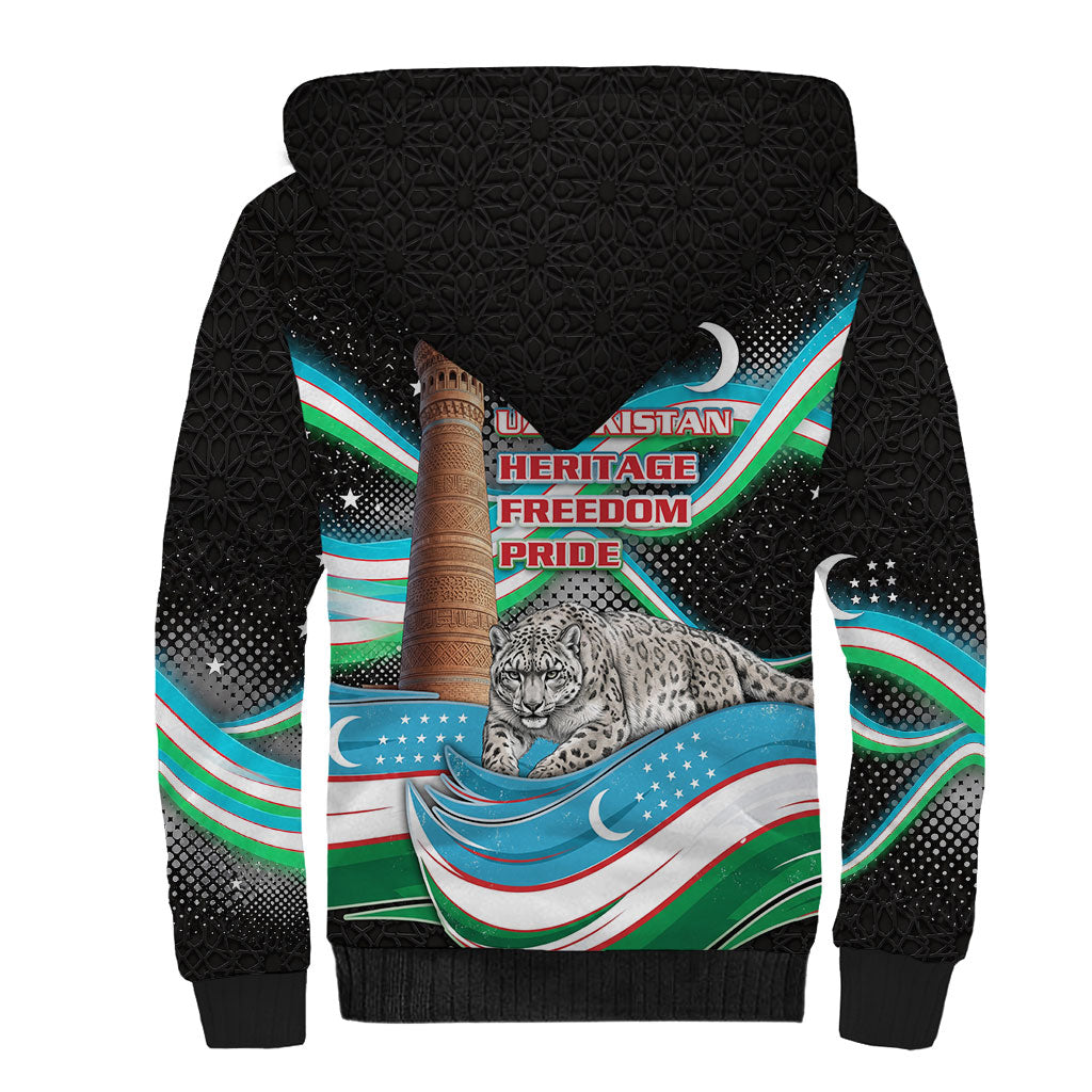 Uzbekistan Independence Day Sherpa Hoodie Freedom Snow Leopard Minaret Architecture Flag