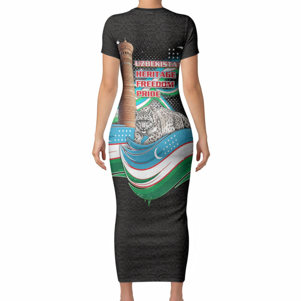 Uzbekistan Independence Day Short Sleeve Bodycon Dress Freedom Snow Leopard Minaret Architecture Flag