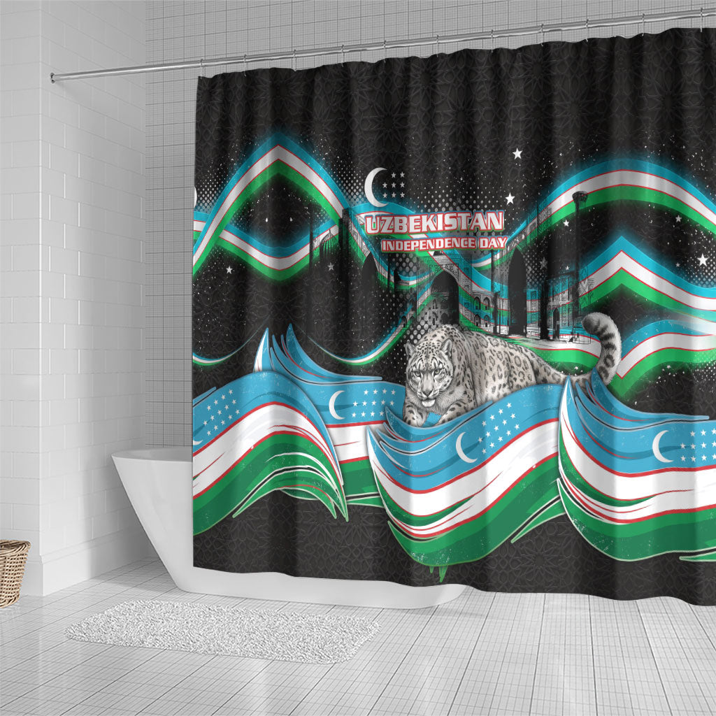 Uzbekistan Independence Day Shower Curtain Freedom Snow Leopard Minaret Architecture Flag