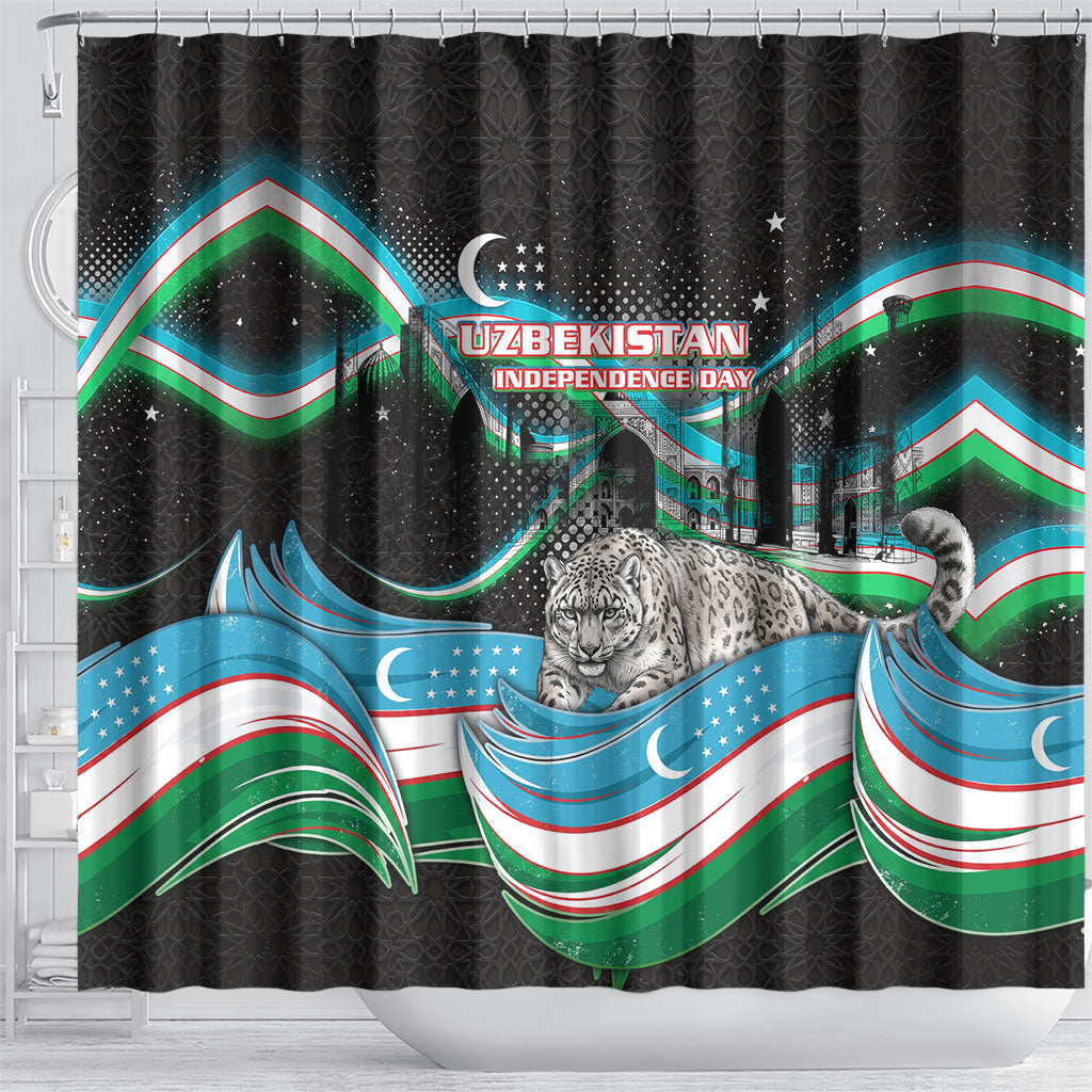 Uzbekistan Independence Day Shower Curtain Freedom Snow Leopard Minaret Architecture Flag