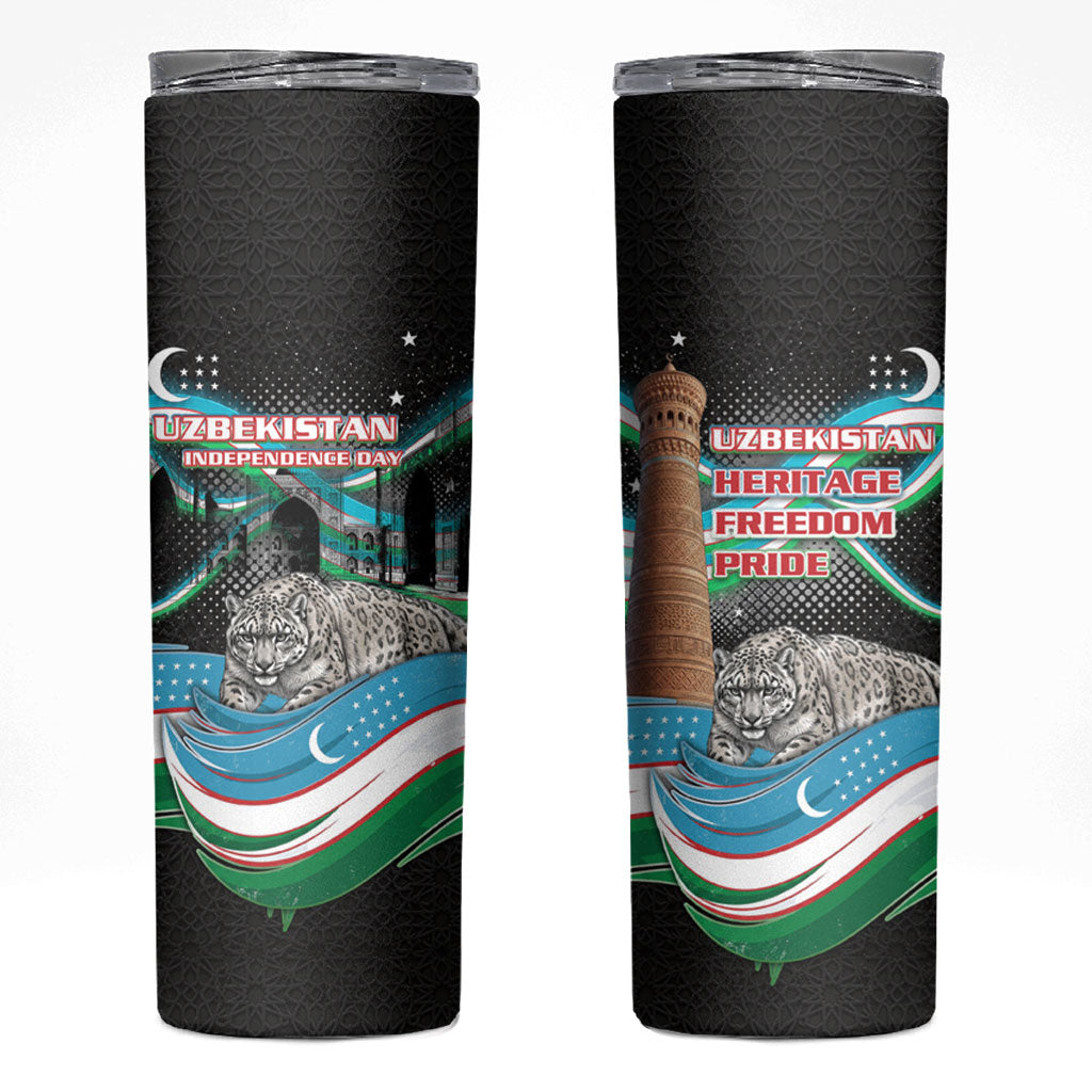 Uzbekistan Independence Day Skinny Tumbler Freedom Snow Leopard Minaret Architecture Flag