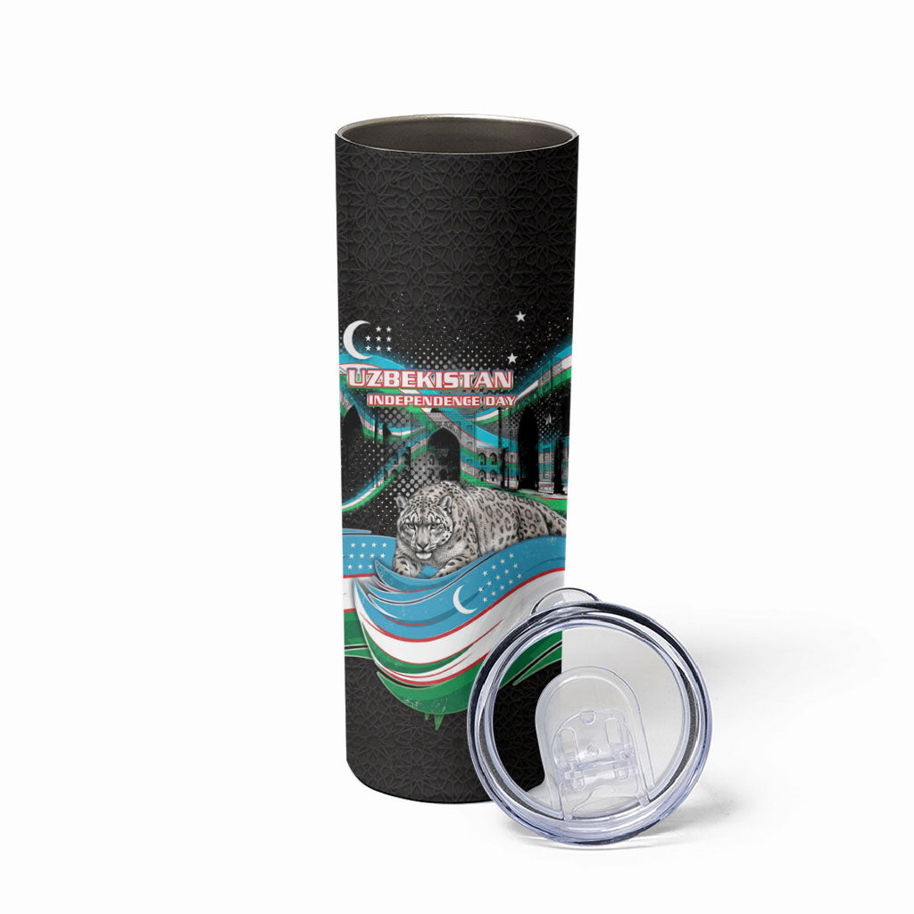 Uzbekistan Independence Day Skinny Tumbler Freedom Snow Leopard Minaret Architecture Flag