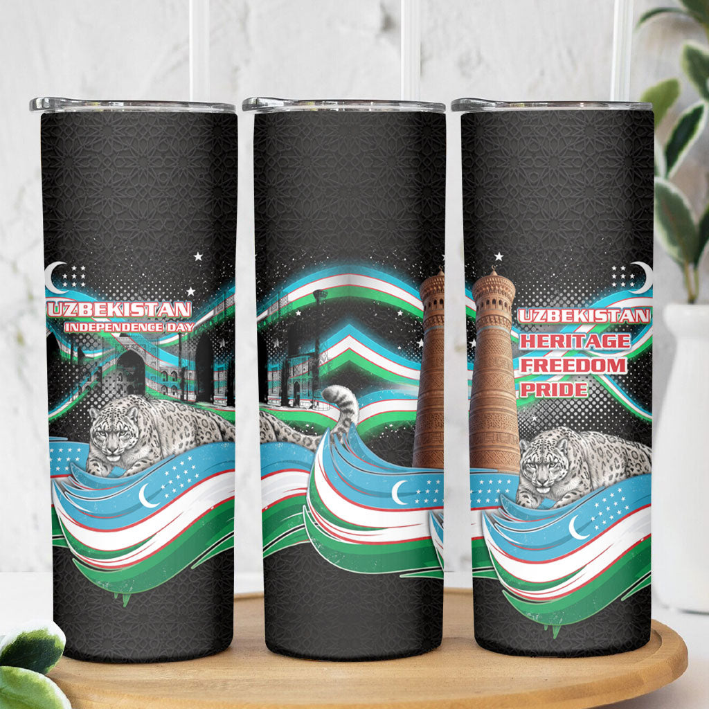Uzbekistan Independence Day Skinny Tumbler Freedom Snow Leopard Minaret Architecture Flag