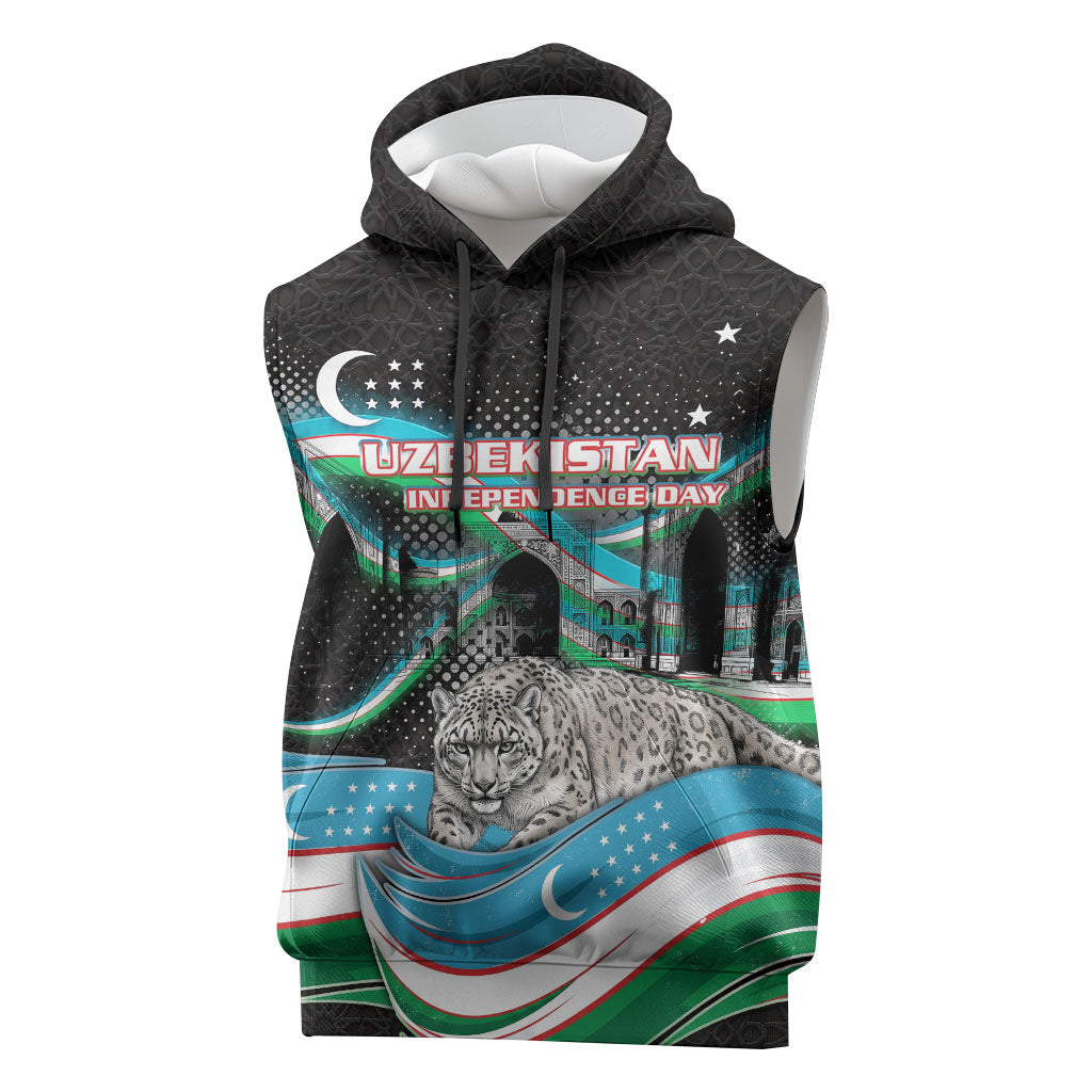 Uzbekistan Independence Day Sleeveless Hoodie Freedom Snow Leopard Minaret Architecture Flag