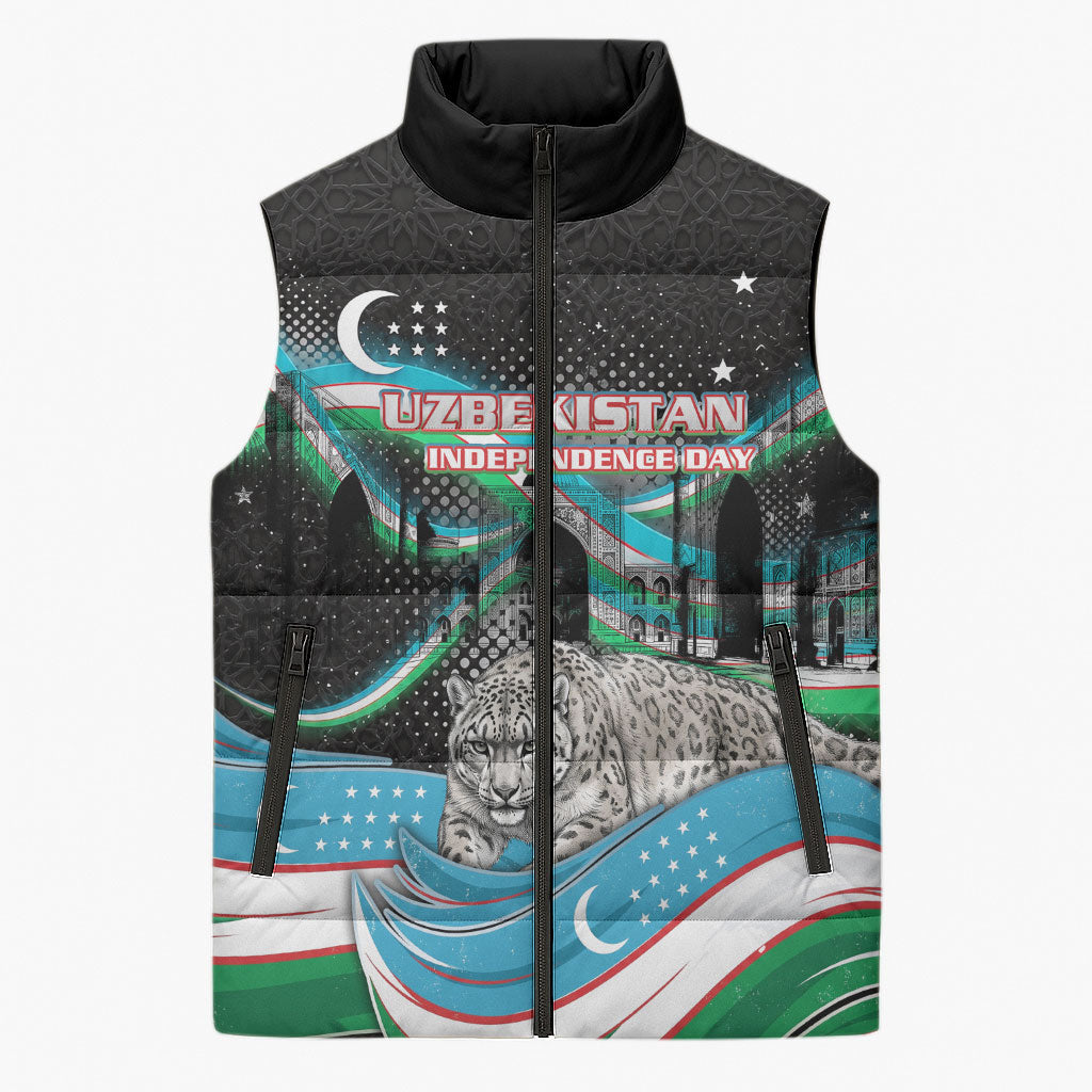 Uzbekistan Independence Day Sleeveless Puffer Jacket Freedom Snow Leopard Minaret Architecture Flag