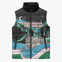 Uzbekistan Independence Day Sleeveless Puffer Jacket Freedom Snow Leopard Minaret Architecture Flag
