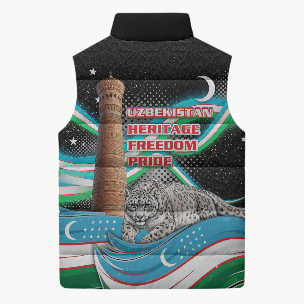 Uzbekistan Independence Day Sleeveless Puffer Jacket Freedom Snow Leopard Minaret Architecture Flag