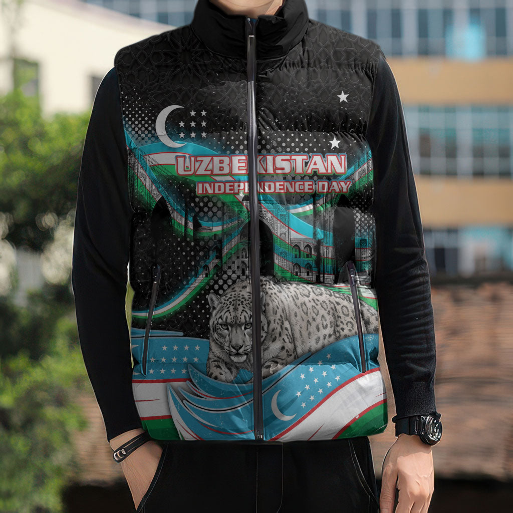 Uzbekistan Independence Day Sleeveless Puffer Jacket Freedom Snow Leopard Minaret Architecture Flag