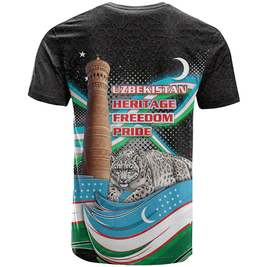 Uzbekistan Independence Day T Shirt Freedom Snow Leopard Minaret Architecture Flag