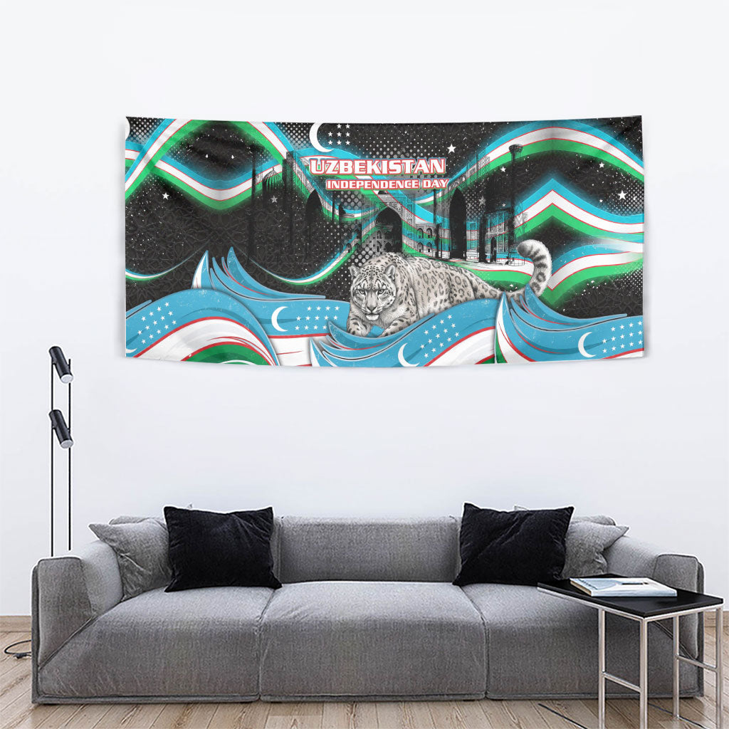 Uzbekistan Independence Day Tapestry Freedom Snow Leopard Minaret Architecture Flag