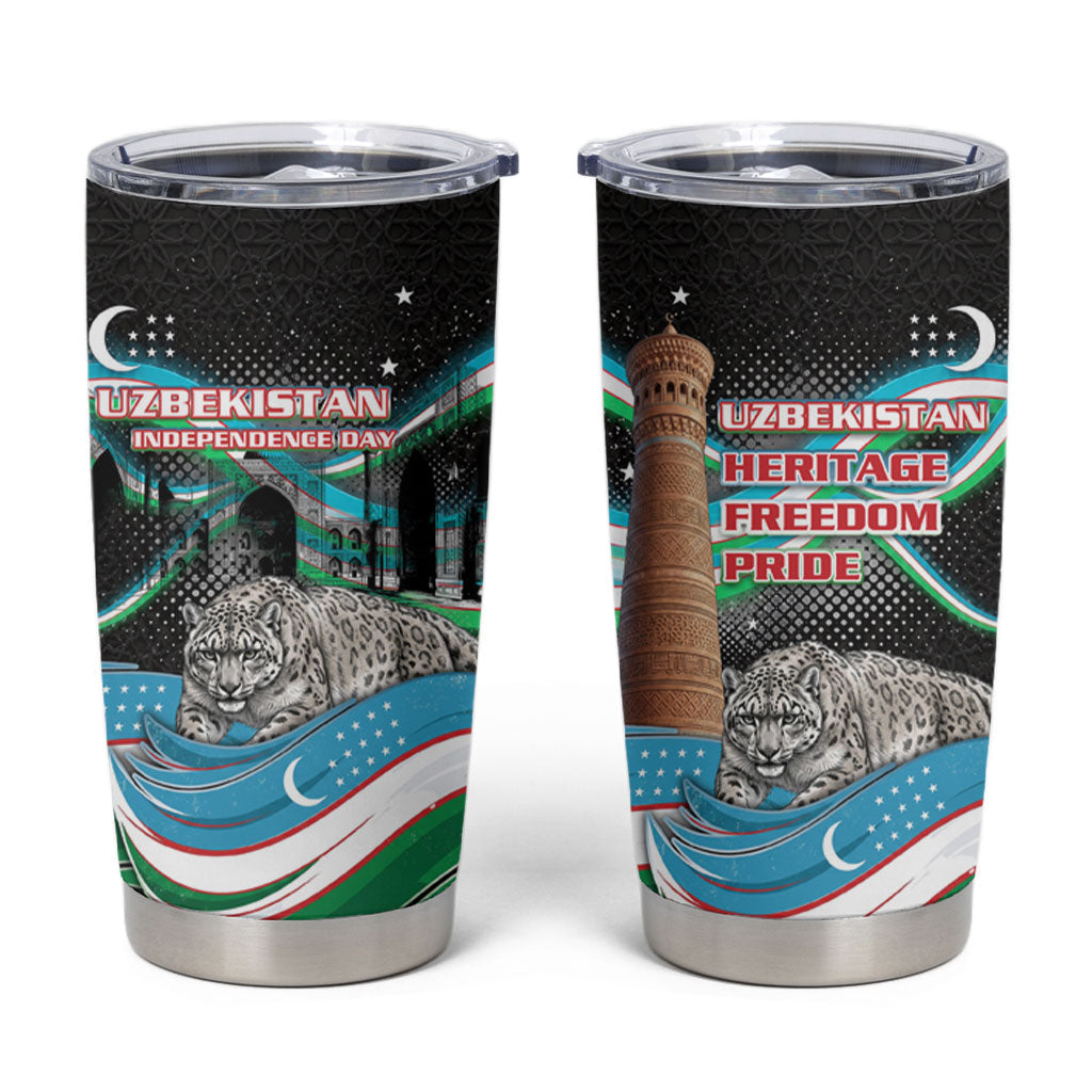 Uzbekistan Independence Day Tumbler Cup Freedom Snow Leopard Minaret Architecture Flag