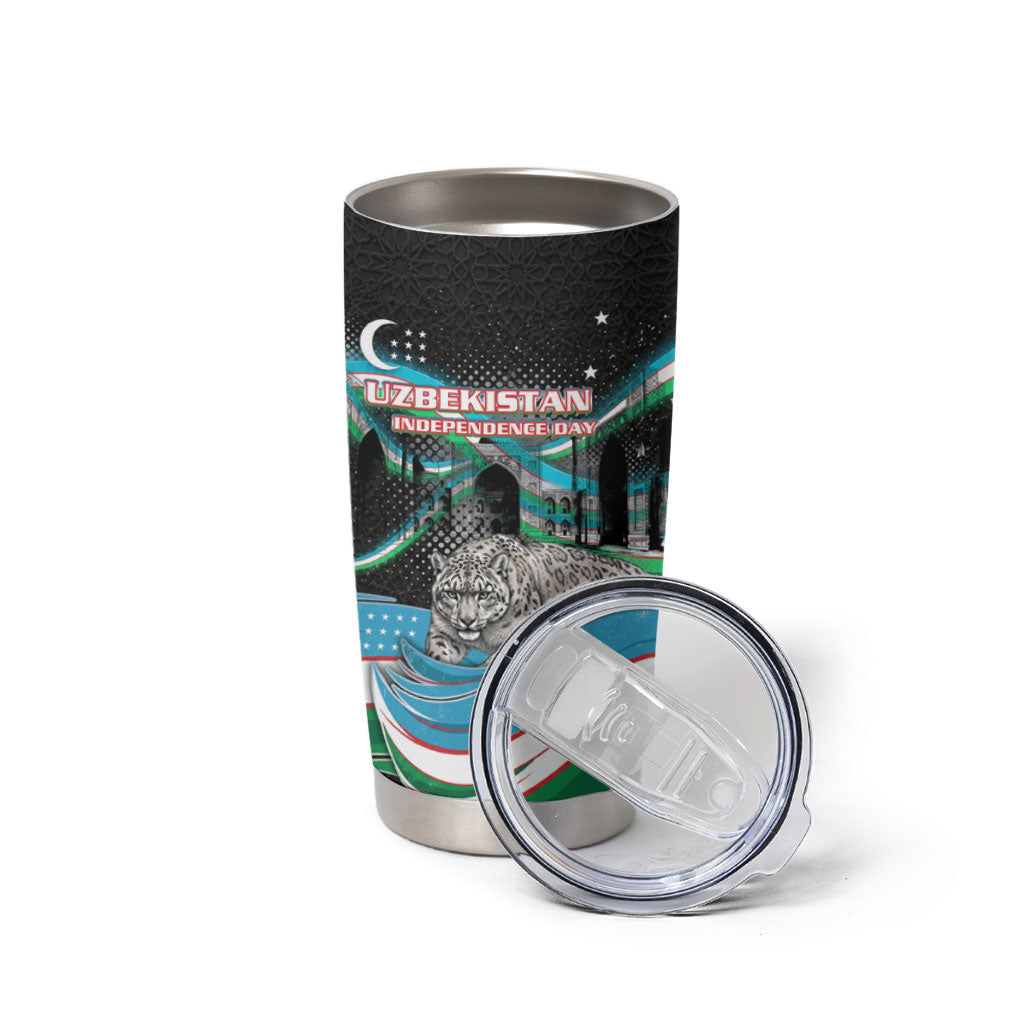 Uzbekistan Independence Day Tumbler Cup Freedom Snow Leopard Minaret Architecture Flag