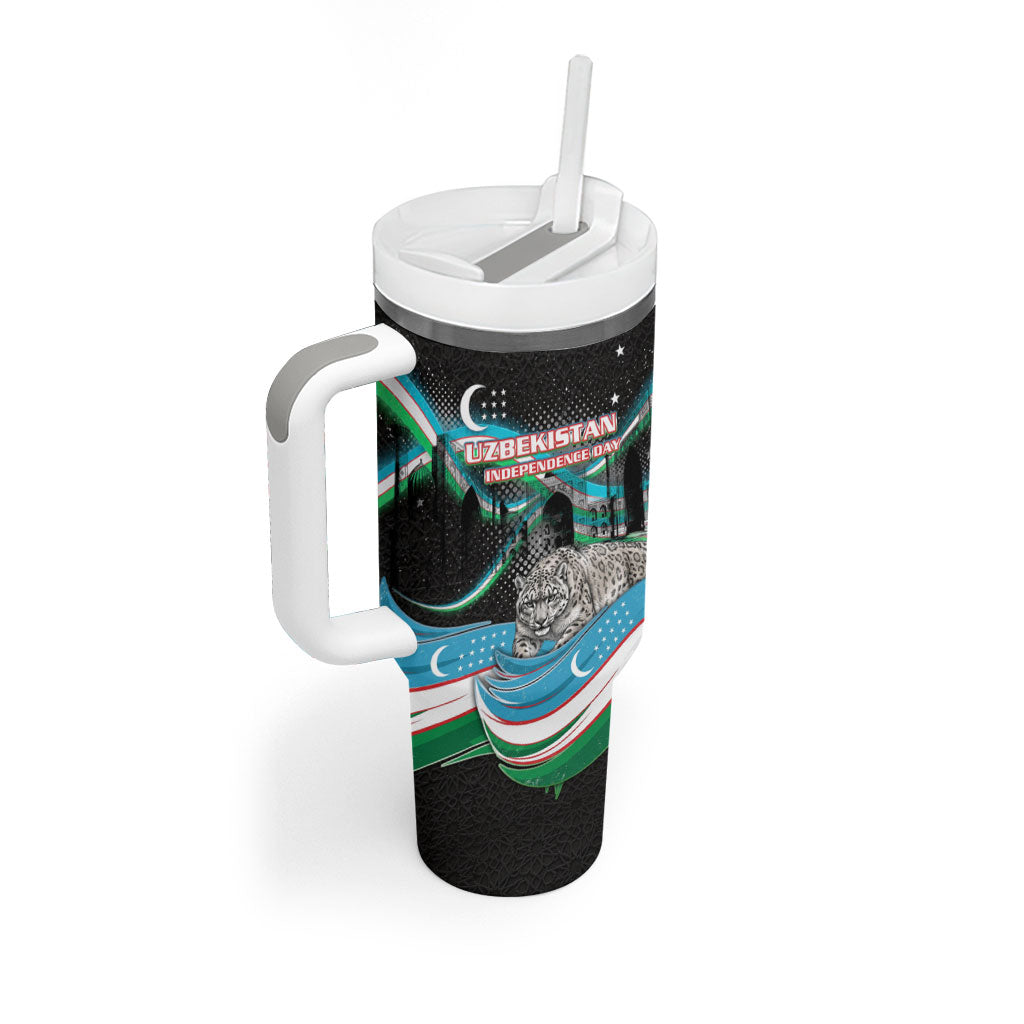 Uzbekistan Independence Day Tumbler With Handle Freedom Snow Leopard Minaret Architecture Flag