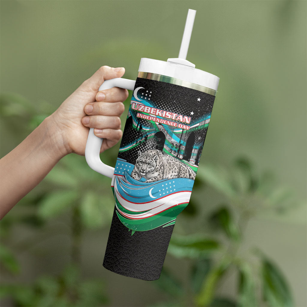 Uzbekistan Independence Day Tumbler With Handle Freedom Snow Leopard Minaret Architecture Flag
