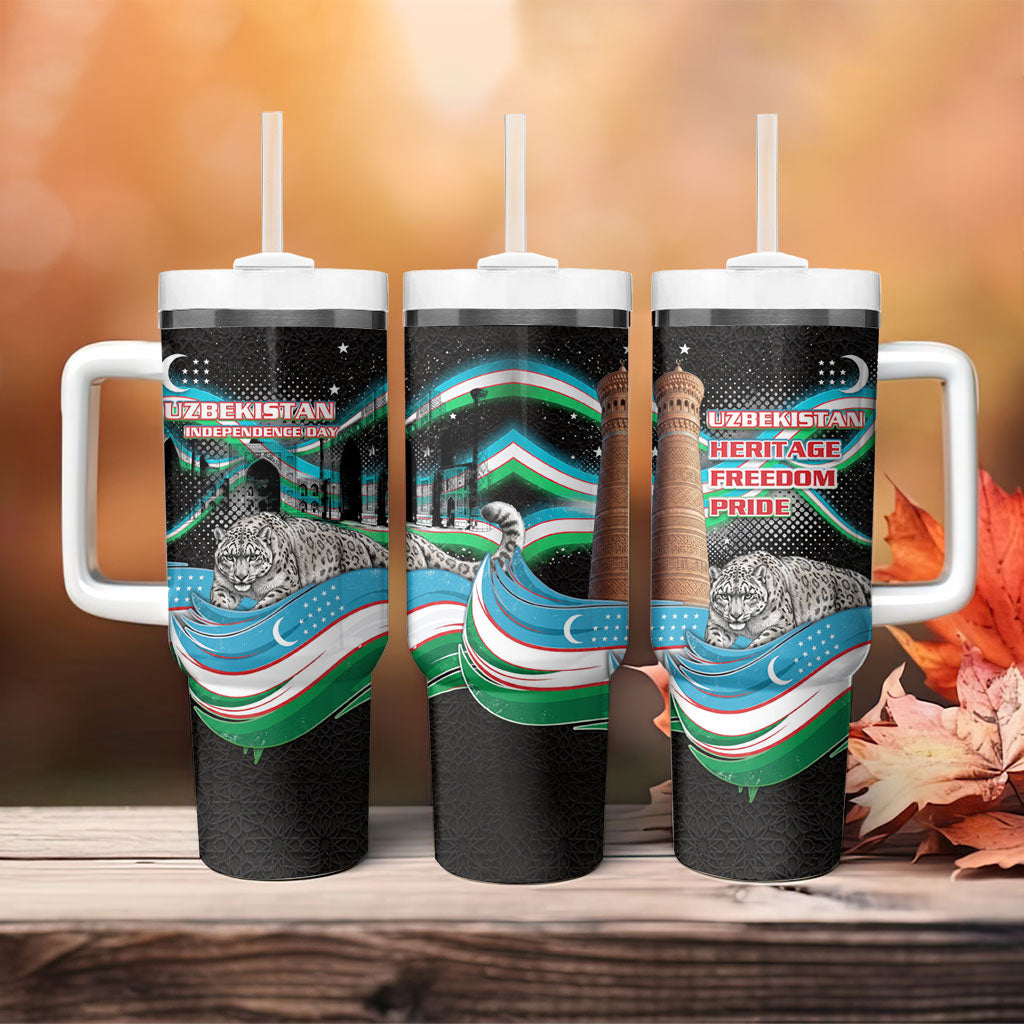 Uzbekistan Independence Day Tumbler With Handle Freedom Snow Leopard Minaret Architecture Flag