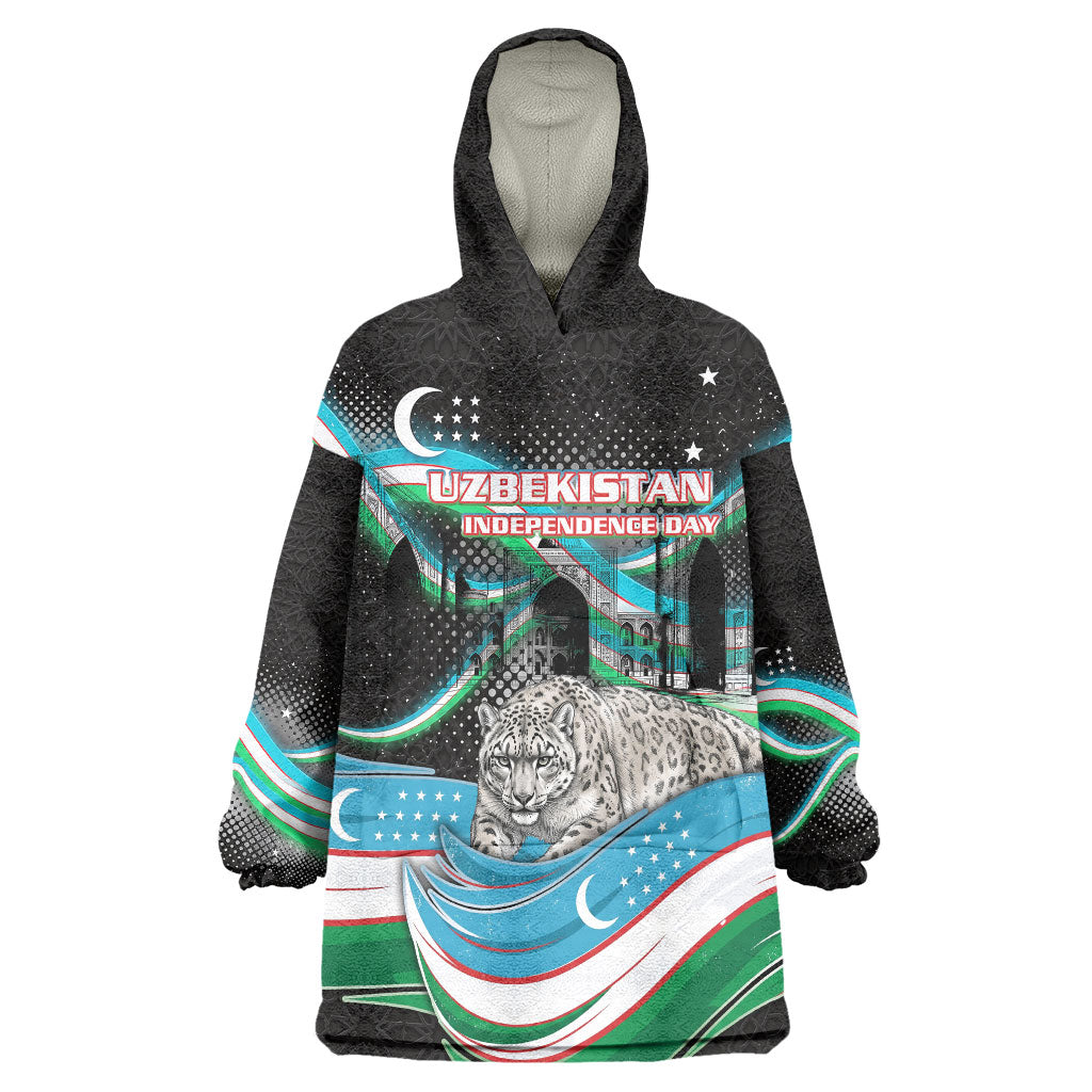Uzbekistan Independence Day Wearable Blanket Hoodie Freedom Snow Leopard Minaret Architecture Flag