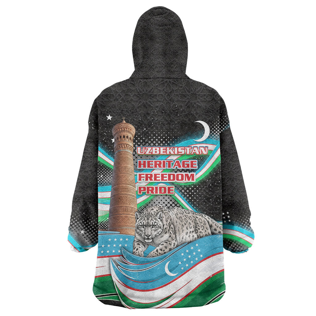Uzbekistan Independence Day Wearable Blanket Hoodie Freedom Snow Leopard Minaret Architecture Flag