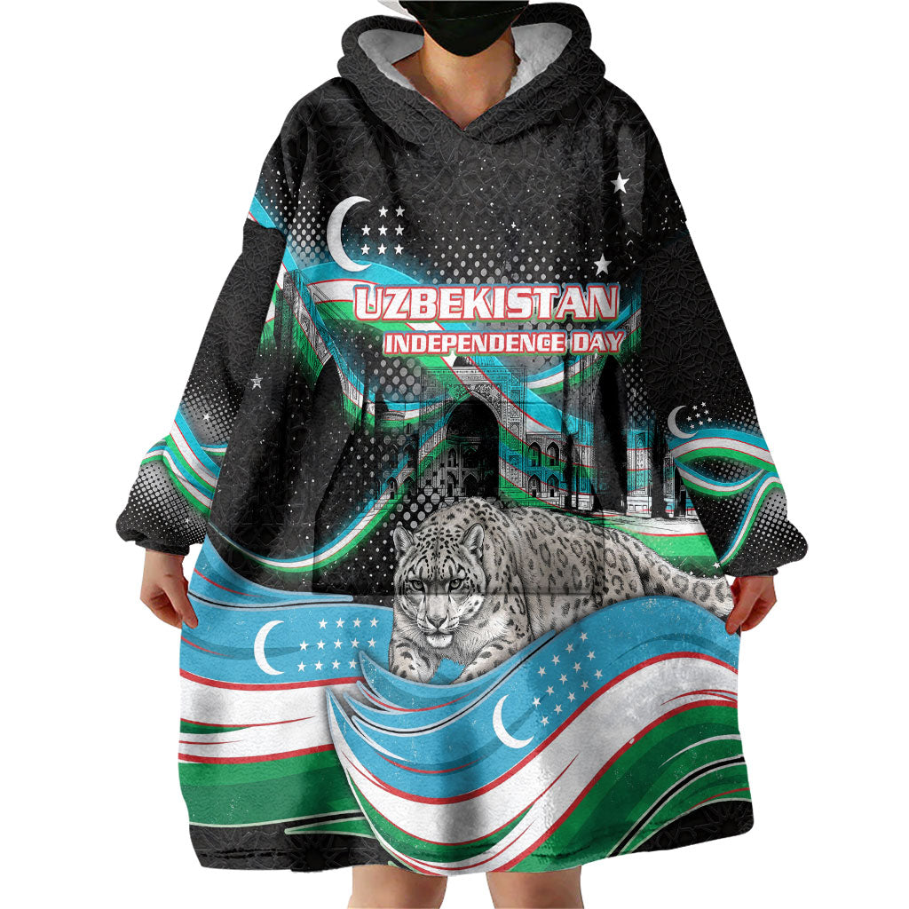 Uzbekistan Independence Day Wearable Blanket Hoodie Freedom Snow Leopard Minaret Architecture Flag