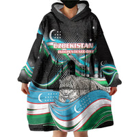 Uzbekistan Independence Day Wearable Blanket Hoodie Freedom Snow Leopard Minaret Architecture Flag