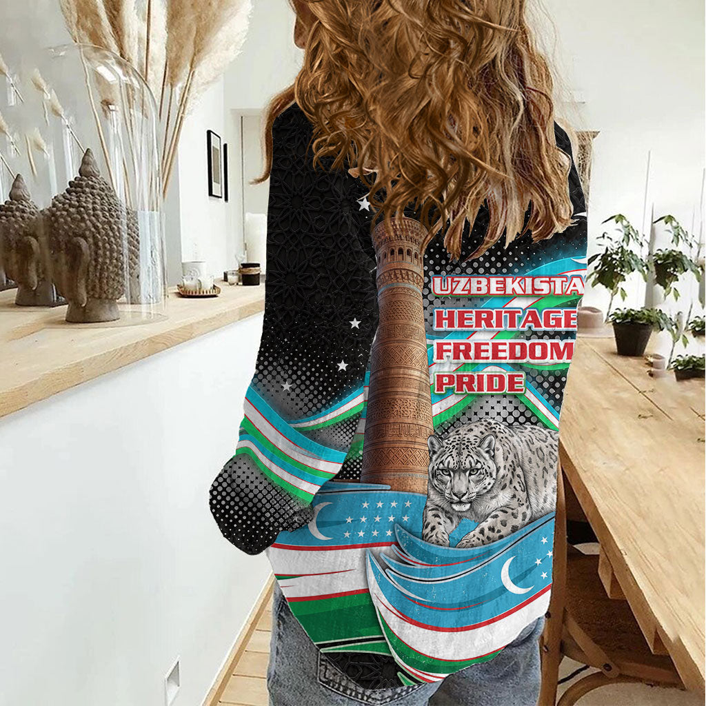 Uzbekistan Independence Day Women Casual Shirt Freedom Snow Leopard Minaret Architecture Flag