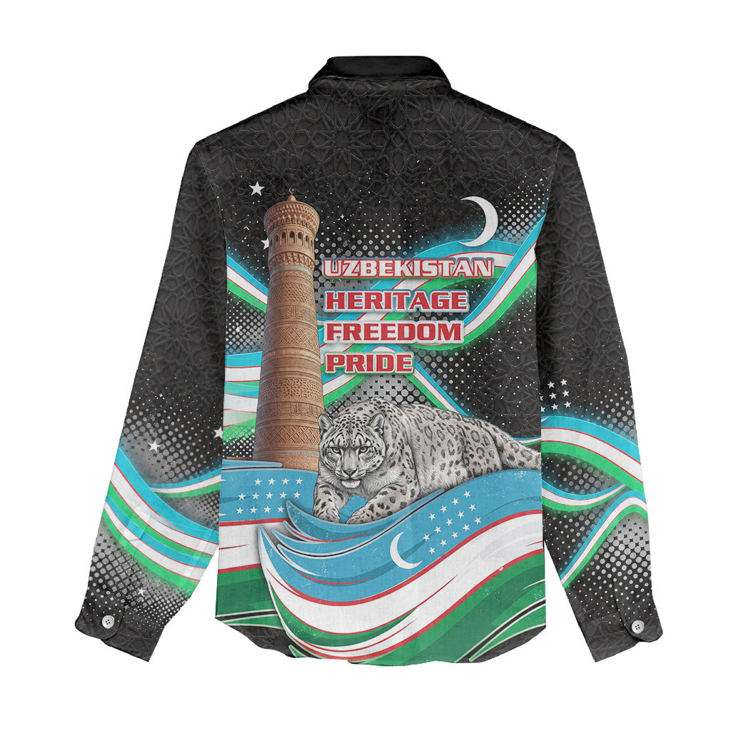 Uzbekistan Independence Day Women Casual Shirt Freedom Snow Leopard Minaret Architecture Flag
