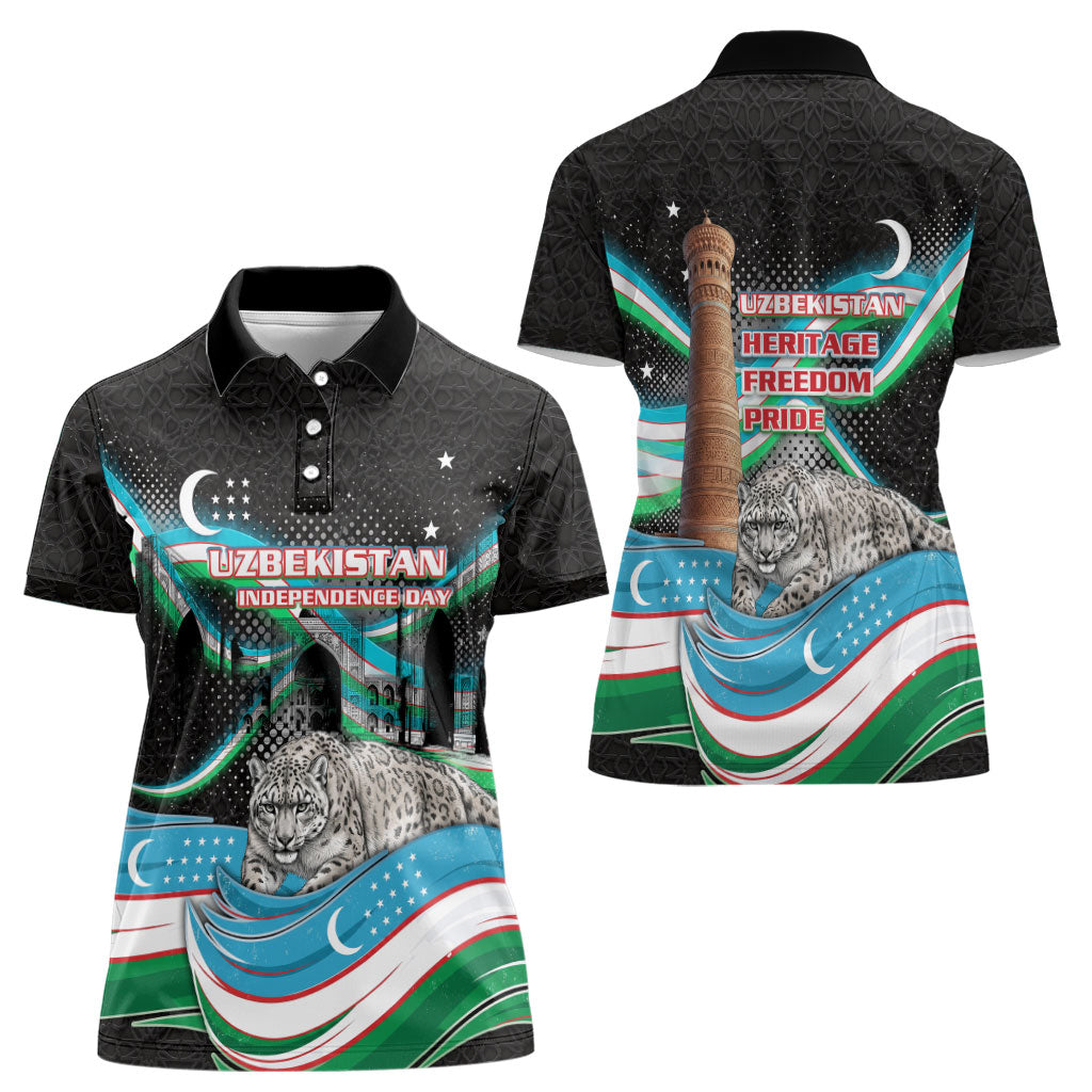 Uzbekistan Independence Day Women Polo Shirt Freedom Snow Leopard Minaret Architecture Flag