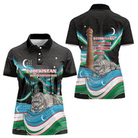 Uzbekistan Independence Day Women Polo Shirt Freedom Snow Leopard Minaret Architecture Flag