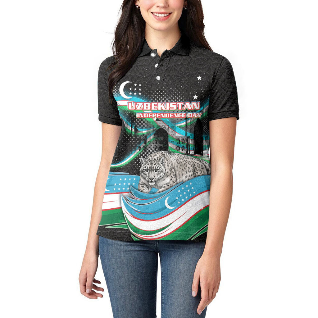 Uzbekistan Independence Day Women Polo Shirt Freedom Snow Leopard Minaret Architecture Flag