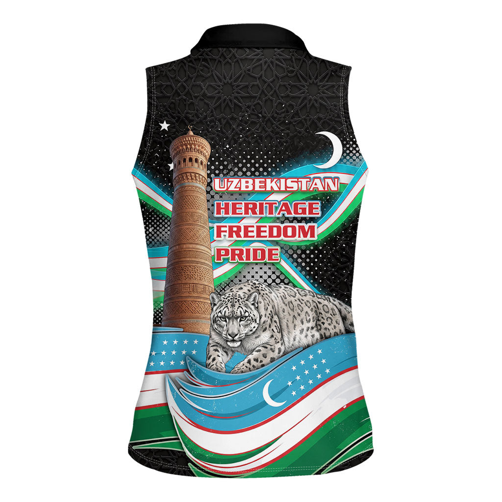 Uzbekistan Independence Day Women Sleeveless Polo Shirt Freedom Snow Leopard Minaret Architecture Flag