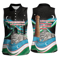 Uzbekistan Independence Day Women Sleeveless Polo Shirt Freedom Snow Leopard Minaret Architecture Flag