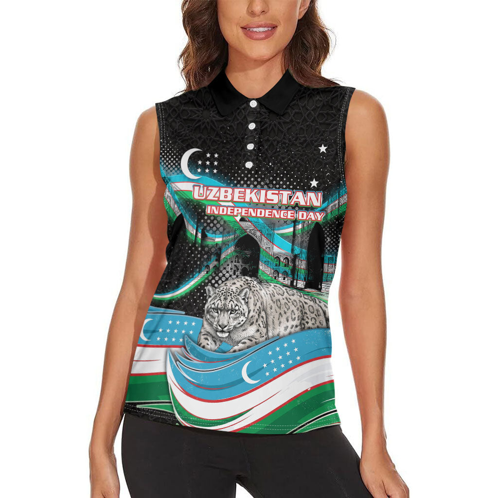 Uzbekistan Independence Day Women Sleeveless Polo Shirt Freedom Snow Leopard Minaret Architecture Flag
