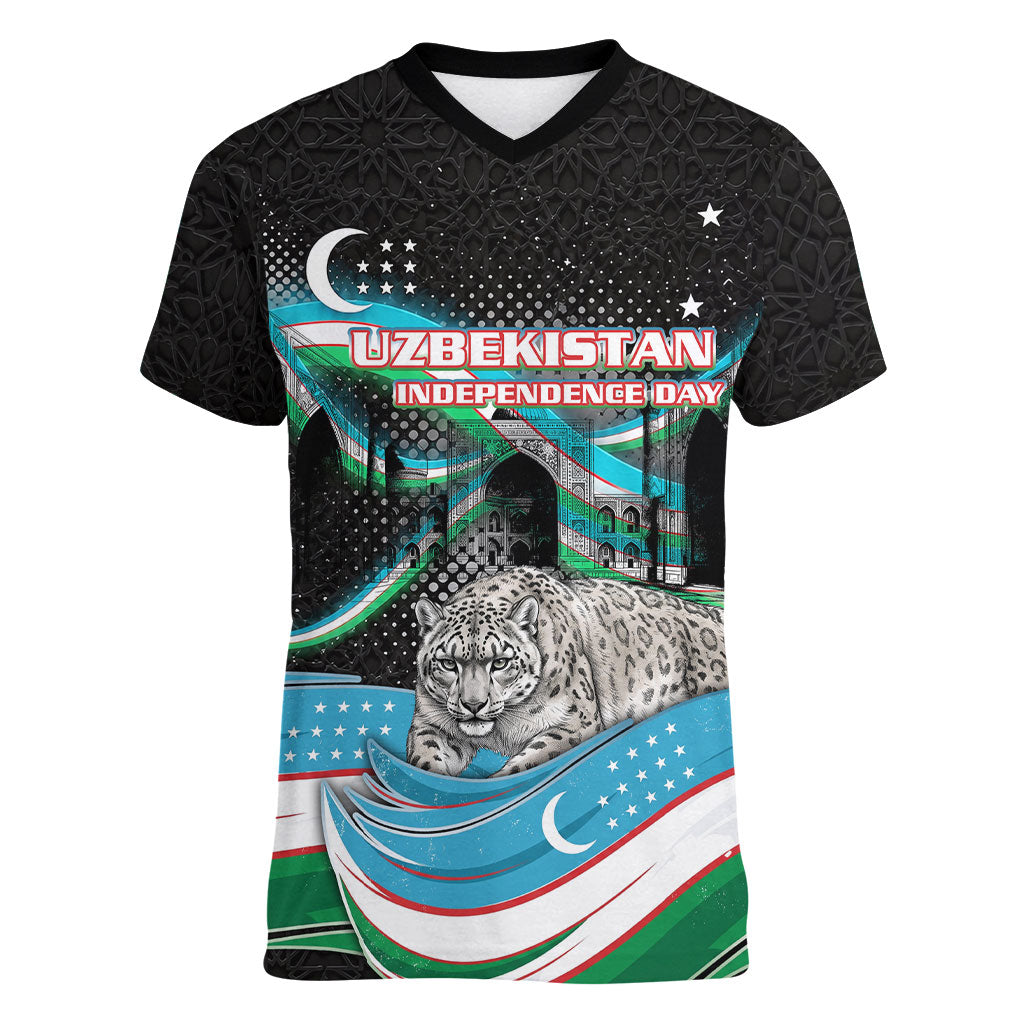 Uzbekistan Independence Day Women V-Neck T-Shirt Freedom Snow Leopard Minaret Architecture Flag
