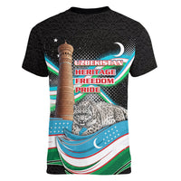 Uzbekistan Independence Day Women V-Neck T-Shirt Freedom Snow Leopard Minaret Architecture Flag