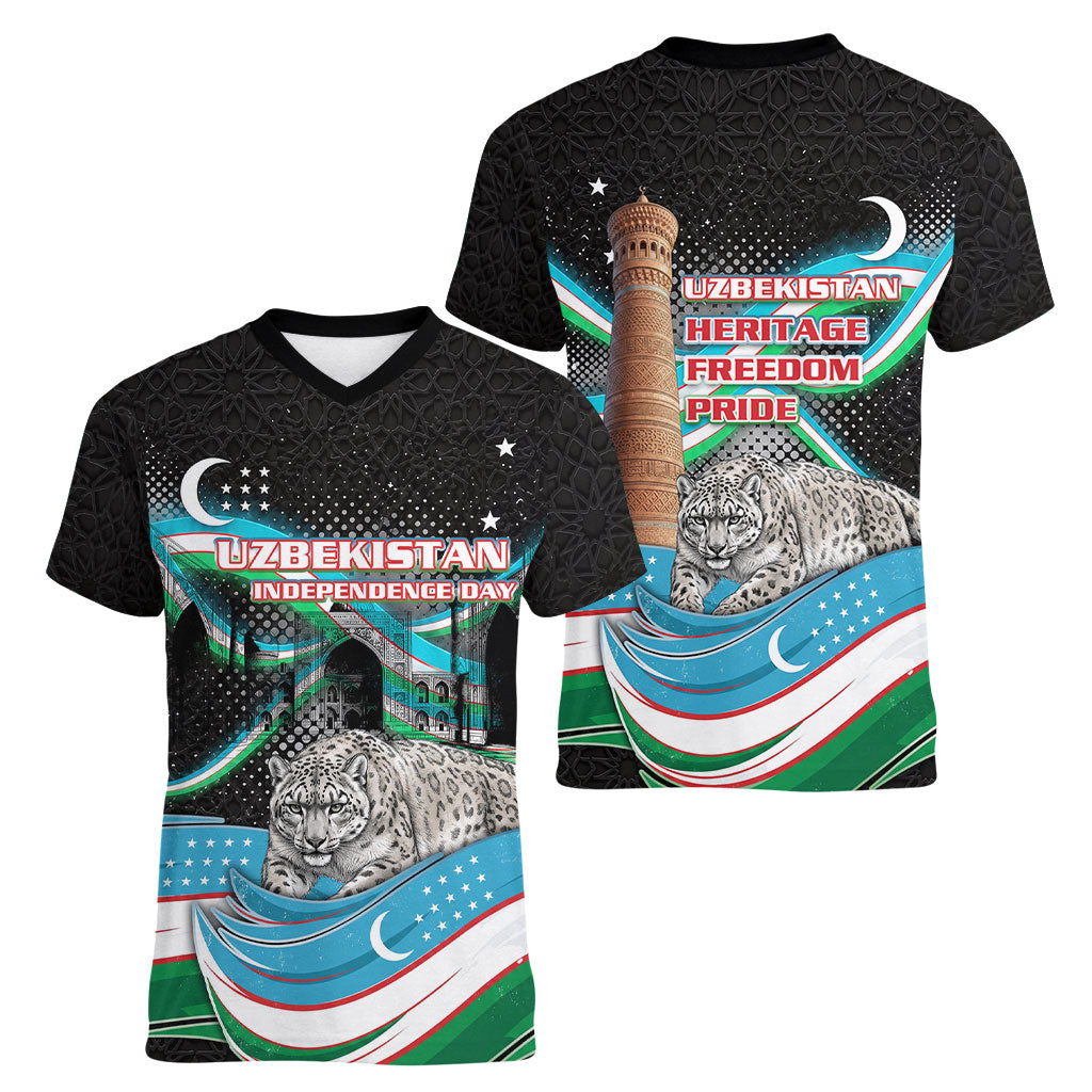 Uzbekistan Independence Day Women V-Neck T-Shirt Freedom Snow Leopard Minaret Architecture Flag