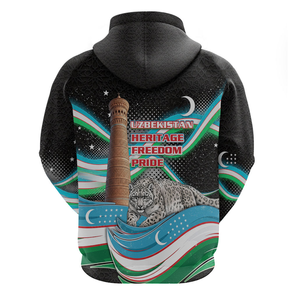 Uzbekistan Independence Day Zip Hoodie Freedom Snow Leopard Minaret Architecture Flag