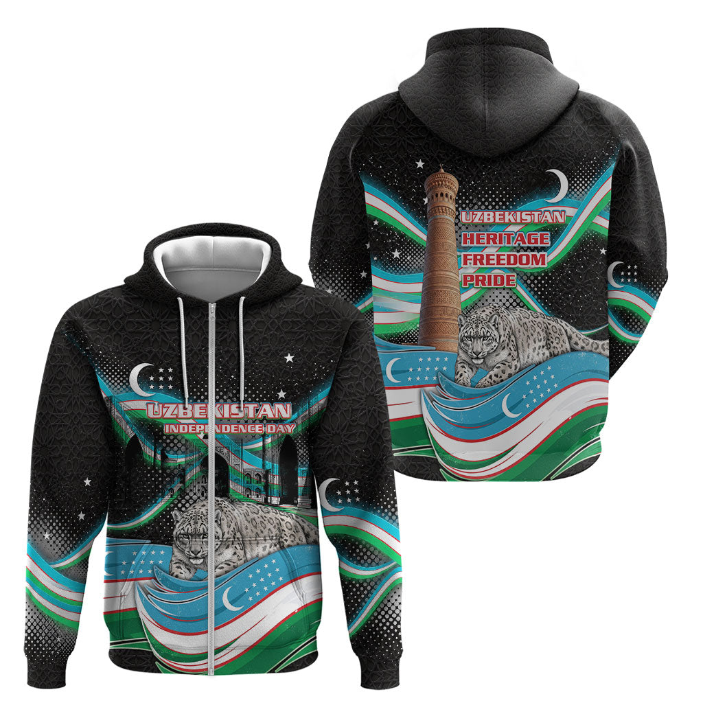 Uzbekistan Independence Day Zip Hoodie Freedom Snow Leopard Minaret Architecture Flag