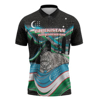 Uzbekistan Independence Day Zipper Polo Shirt Freedom Snow Leopard Minaret Architecture Flag