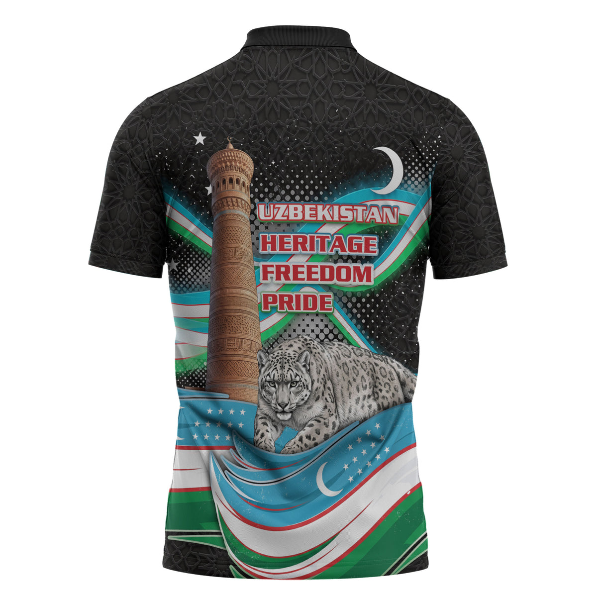 Uzbekistan Independence Day Zipper Polo Shirt Freedom Snow Leopard Minaret Architecture Flag