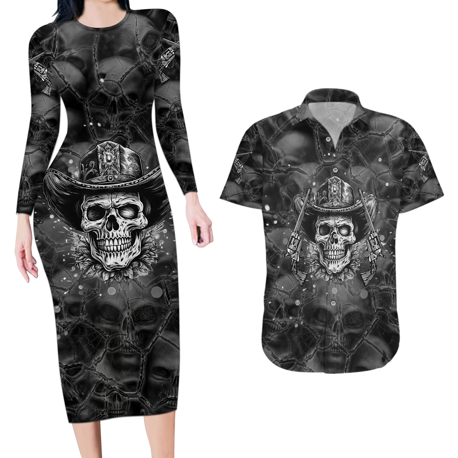 Cowboy Skull Couples Matching Long Sleeve Bodycon Dress and Hawaiian Shirt Cowboy Take Me Away - Wonder Print Shop