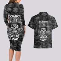 Cowboy Skull Couples Matching Long Sleeve Bodycon Dress and Hawaiian Shirt Cowboy Take Me Away - Wonder Print Shop