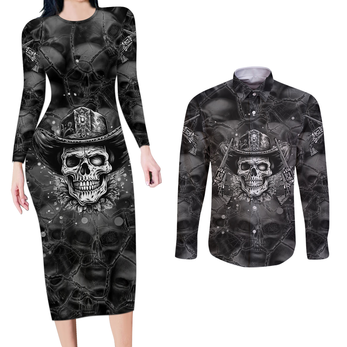 Cowboy Skull Couples Matching Long Sleeve Bodycon Dress and Long Sleeve Button Shirts Cowboy Take Me Away - Wonder Print Shop