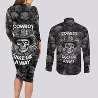 Cowboy Skull Couples Matching Long Sleeve Bodycon Dress and Long Sleeve Button Shirts Cowboy Take Me Away - Wonder Print Shop