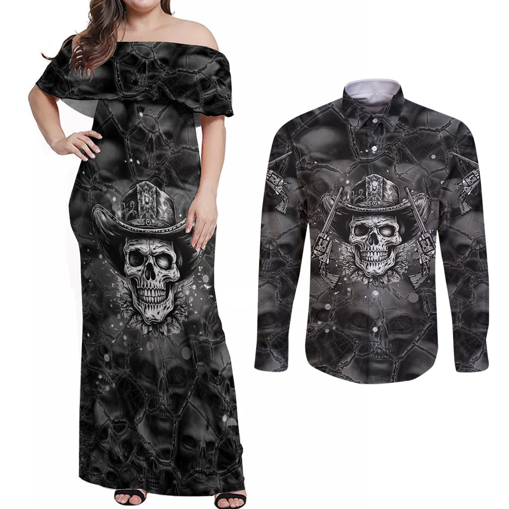 Cowboy Skull Couples Matching Off Shoulder Maxi Dress and Long Sleeve Button Shirts Cowboy Take Me Away - Wonder Print Shop