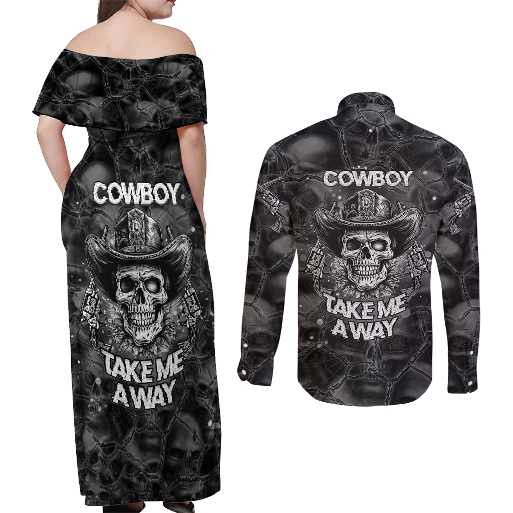 Cowboy Skull Couples Matching Off Shoulder Maxi Dress and Long Sleeve Button Shirts Cowboy Take Me Away - Wonder Print Shop
