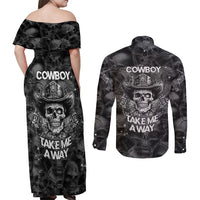 Cowboy Skull Couples Matching Off Shoulder Maxi Dress and Long Sleeve Button Shirts Cowboy Take Me Away - Wonder Print Shop