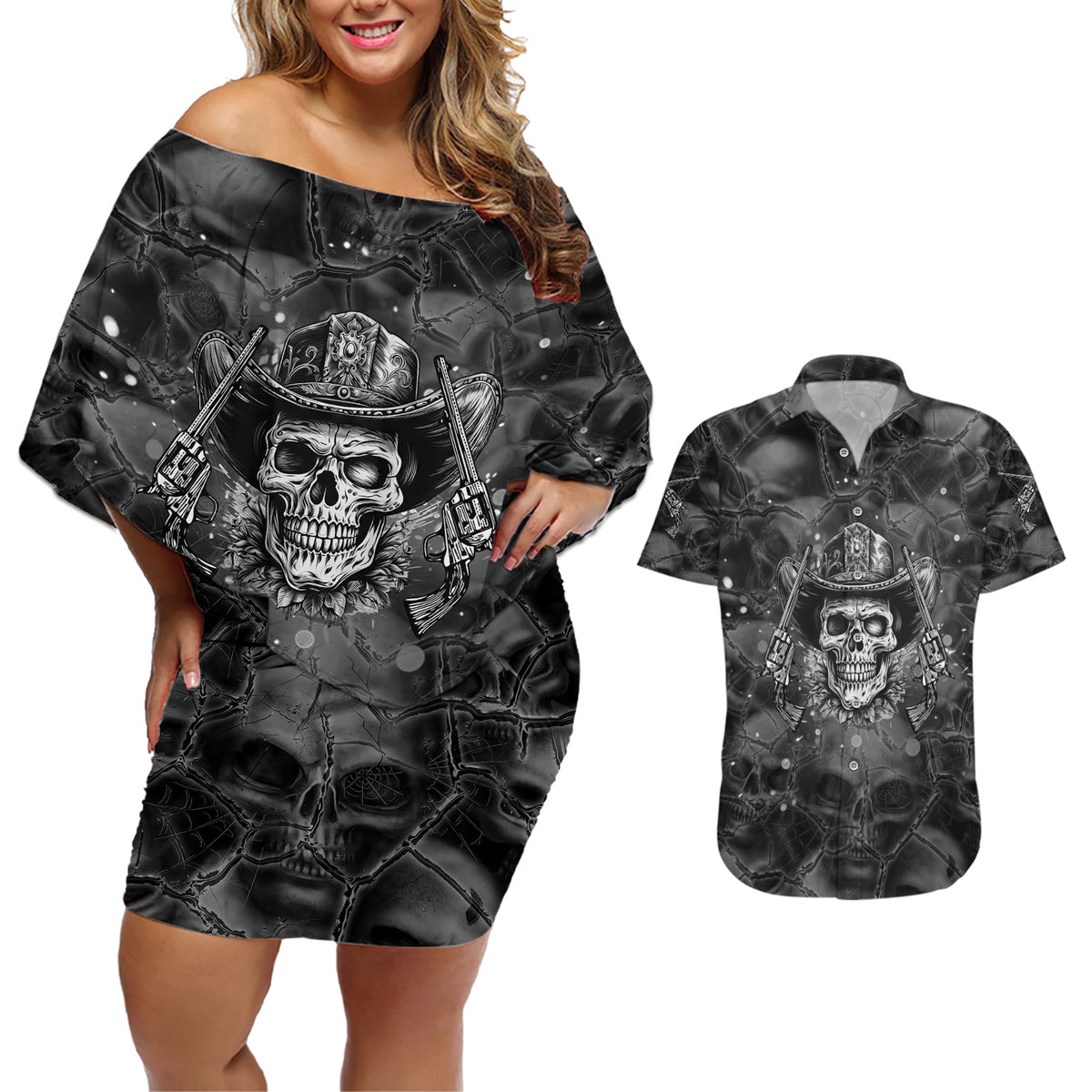Cowboy Skull Couples Matching Off Shoulder Short Dress and Hawaiian Shirt Cowboy Take Me Away - Wonder Print Shop