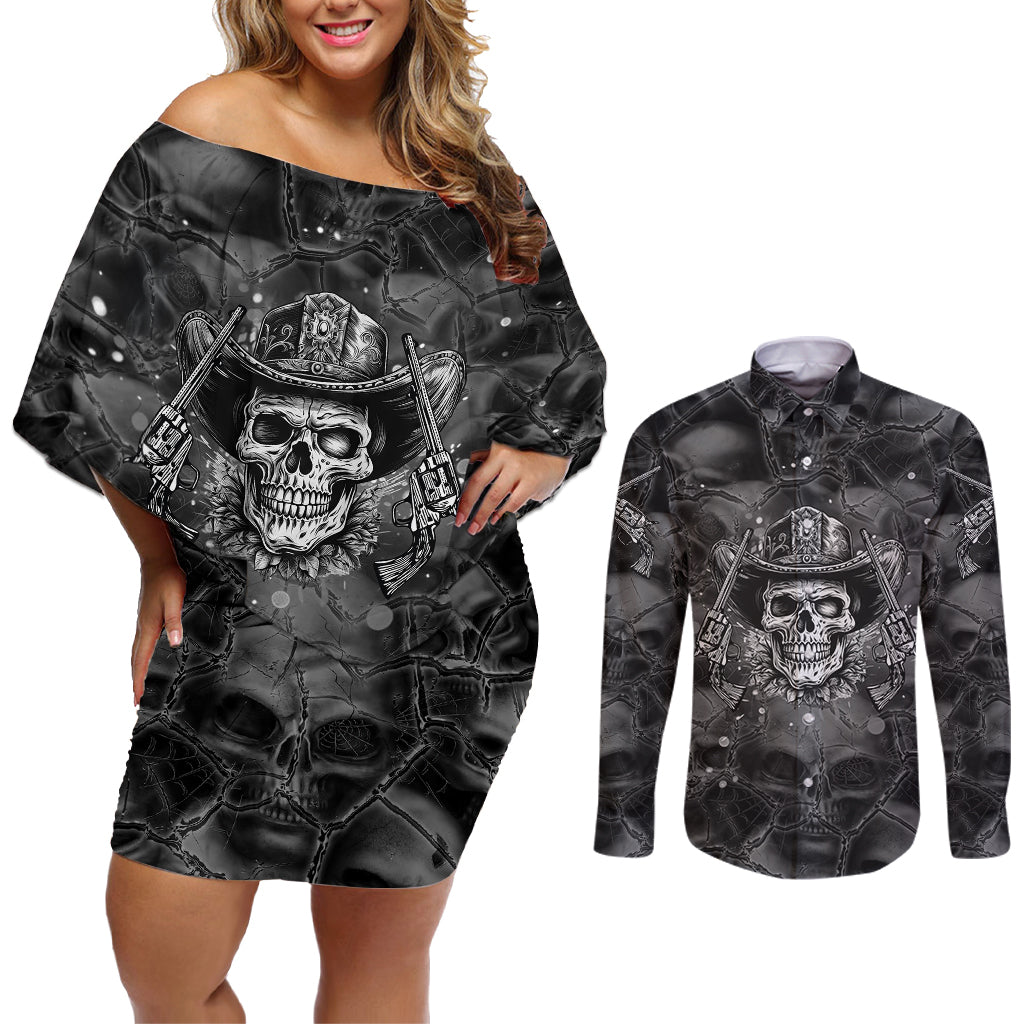 Cowboy Skull Couples Matching Off Shoulder Short Dress and Long Sleeve Button Shirts Cowboy Take Me Away - Wonder Print Shop