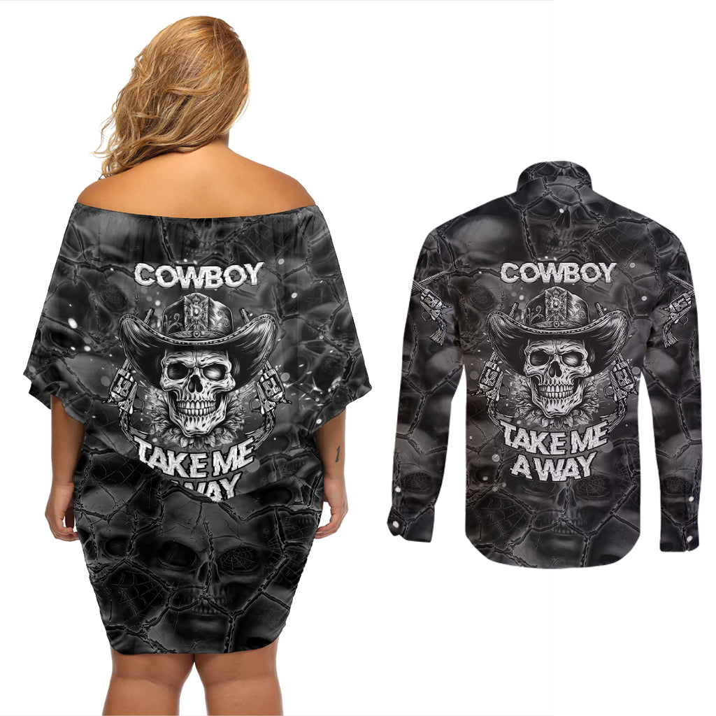 Cowboy Skull Couples Matching Off Shoulder Short Dress and Long Sleeve Button Shirts Cowboy Take Me Away - Wonder Print Shop