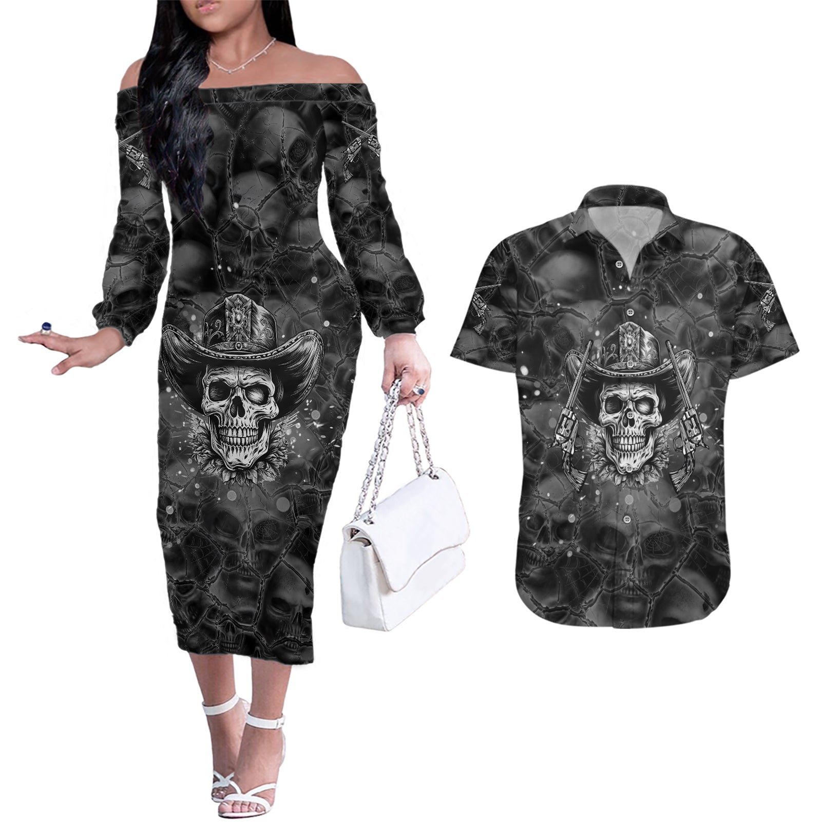 Cowboy Skull Couples Matching Off The Shoulder Long Sleeve Dress and Hawaiian Shirt Cowboy Take Me Away - Wonder Print Shop