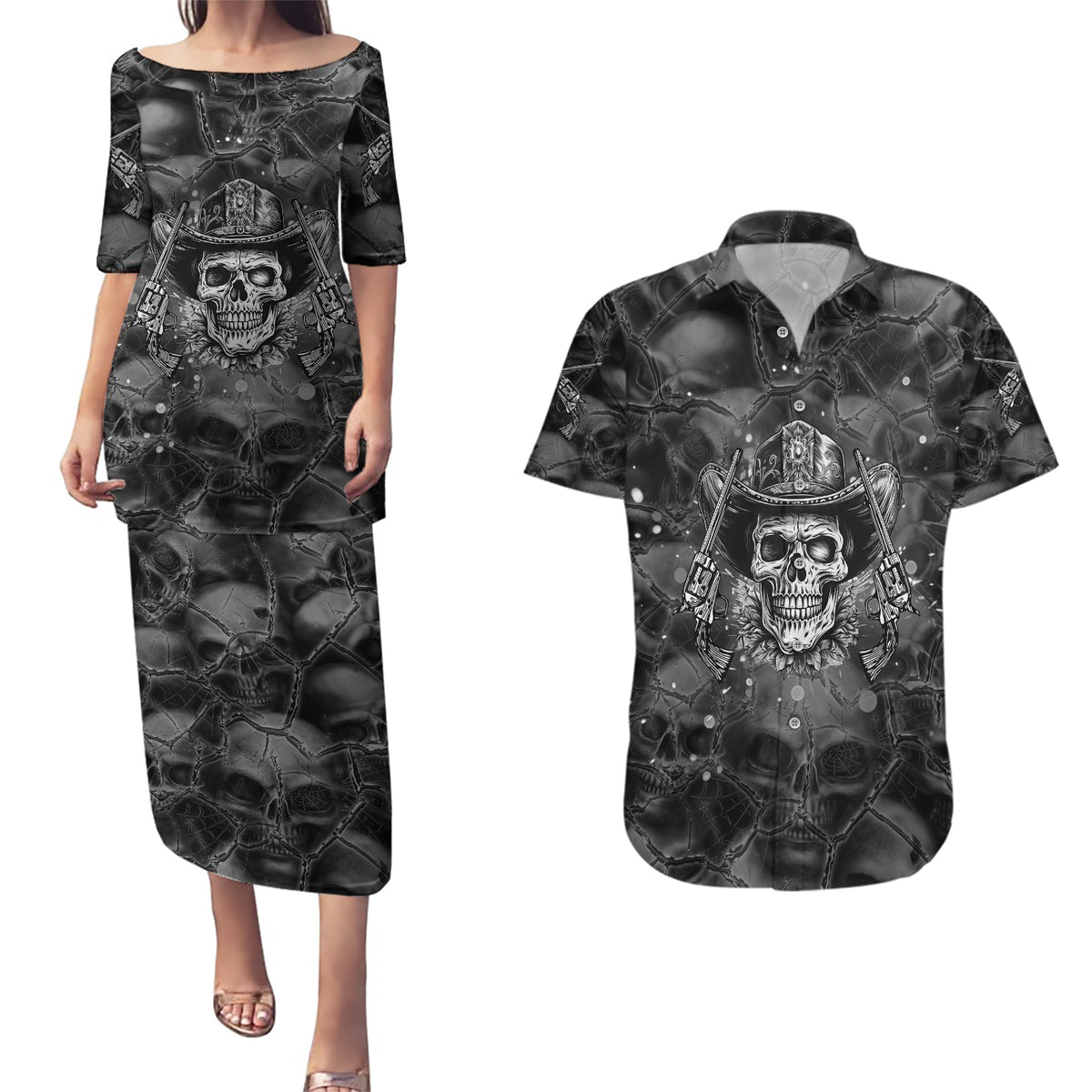 Cowboy Skull Couples Matching Puletasi Dress and Hawaiian Shirt Cowboy Take Me Away - Wonder Print Shop